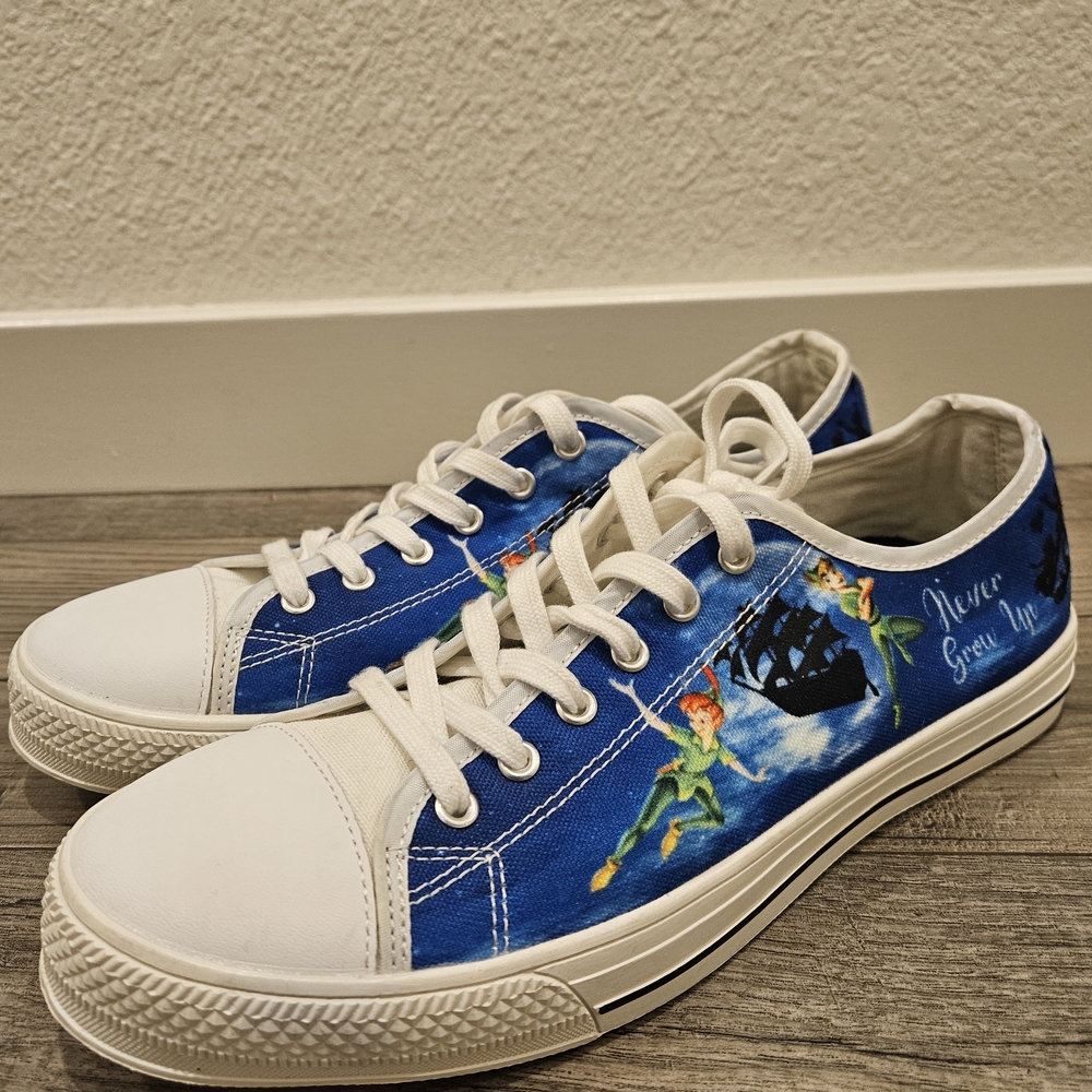 Disney Custom Blue and White Peter Pan "Never Grow Up" Sneakers Unisex, EU 41